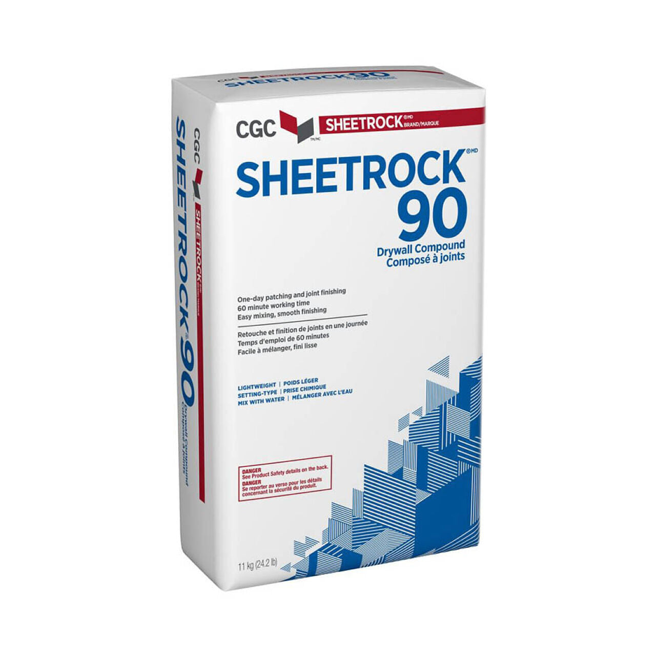 A box of USG 384211 18 lb. Easy Sand 90 Joint Compound features blue geometric patterns on the lower part and includes text in English and French, emphasizing its lightweight nature, low shrinkage, humidity resistance for easy mixing, and reduced sanding.